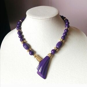 Vintage 1970s Purple Plastic Beads Goldtone Statement Necklace